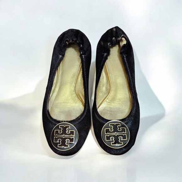 Tory Burch Reva Brown Gold Animal Fur Ballet Flat Womens Size 7 Slip On Ballet - Picture 1 of 14